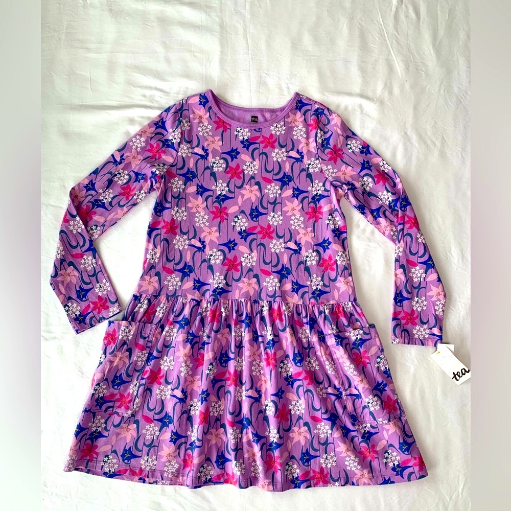 Tea Collection New With Tags Girl's Floral Knit Long Sleeve Dress- Size 14 - Picture 3 of 10